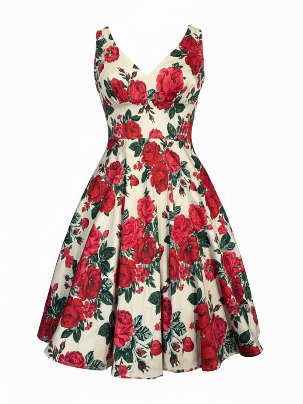 NWT: Tatyana White Midi Dress with Red Rose Print Pinup 40's/50's Fit and Flare